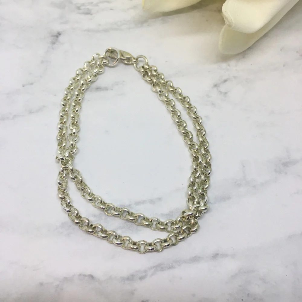 Silver tone bracelet double chain simple